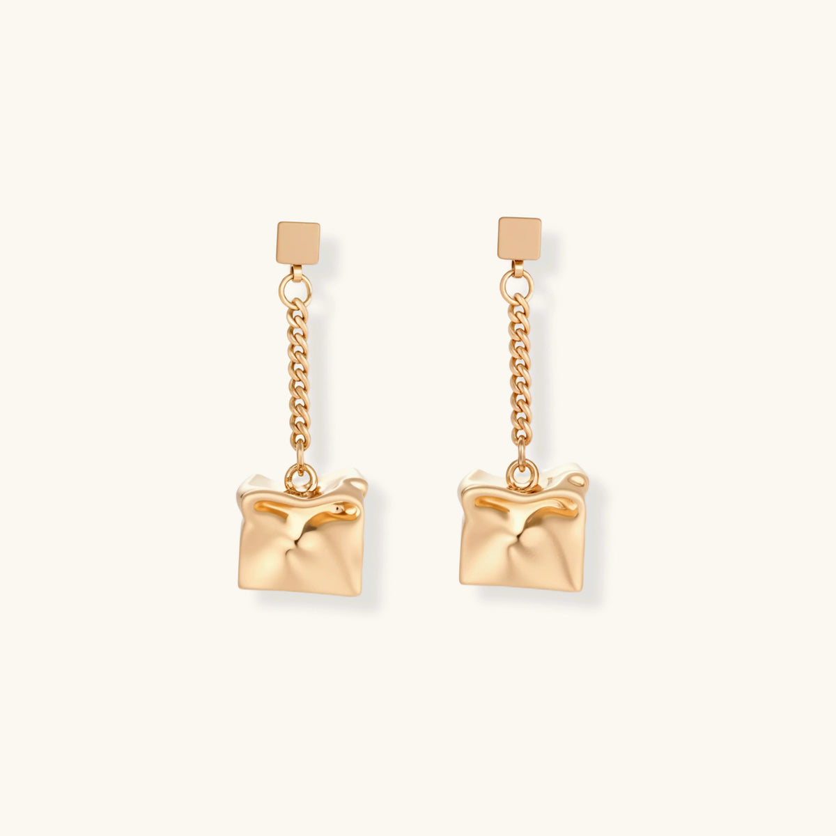 Modern geometric drop earrings with square stud posts, delicate chains, and textured square pendants in eco-zinc alloy